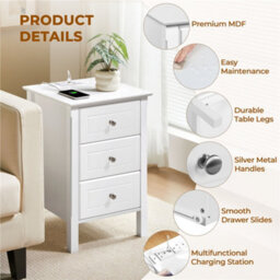 Yaheetech White Modern 3 Drawer End Table With Charging Station - thumbnail 5