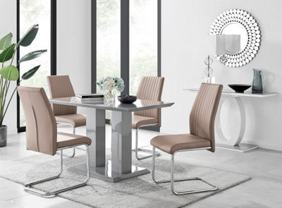 Furniturebox Imperia Grey High Gloss 4 Seater Dining Table With Structural 2 Plinth Column Legs 4 Beige Faux Leather Lorenzo Chairs - image 1
