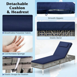 Gainoom Outdoor Patio Chaise Navy Lounge Chair Pe Wicker Reclining Sun Lounger - thumbnail 7
