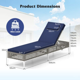 Gainoom Outdoor Patio Chaise Navy Lounge Chair Pe Wicker Reclining Sun Lounger - thumbnail 2
