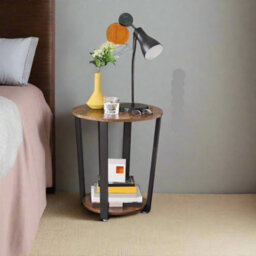 Modcraft Round Industrial Side Table And Rustic Brown & Black Steel Frame For Living Room & Bedroom - thumbnail 2