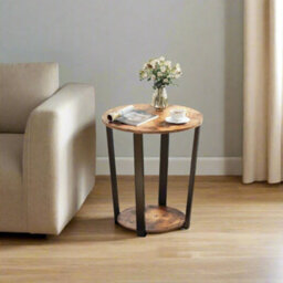Modcraft Round Industrial Side Table And Rustic Brown & Black Steel Frame For Living Room & Bedroom