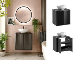 Impact Furniture Wall Hung Bathroom Cabinet Black Vanity Sink Unit 600mm Countertop With Basin Ribbed Fluted Doors Nero