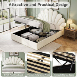 Abrihome Velvet 4Ft6 Double Hydraulic Bed With Adjustable Petal Headboard & Solid Wood Slats, Beige (No Mattress) - thumbnail 4