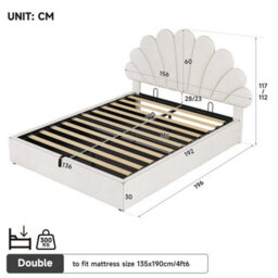 Abrihome Velvet 4Ft6 Double Hydraulic Bed With Adjustable Petal Headboard & Solid Wood Slats, Beige (No Mattress) - thumbnail 5