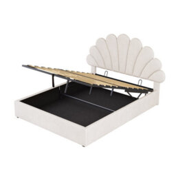 Abrihome Velvet 4Ft6 Double Hydraulic Bed With Adjustable Petal Headboard & Solid Wood Slats, Beige (No Mattress) - thumbnail 6