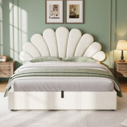 Abrihome Velvet 4Ft6 Double Hydraulic Bed With Adjustable Petal Headboard & Solid Wood Slats, Beige (No Mattress) - thumbnail 7