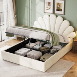 Abrihome Velvet 4Ft6 Double Hydraulic Bed With Adjustable Petal Headboard & Solid Wood Slats, Beige (No Mattress) - thumbnail 1