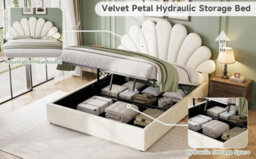 Abrihome Velvet 4Ft6 Double Hydraulic Bed With Adjustable Petal Headboard & Solid Wood Slats, Beige (No Mattress) - thumbnail 2