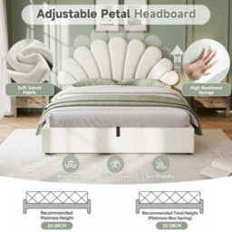 Abrihome Velvet 4Ft6 Double Hydraulic Bed With Adjustable Petal Headboard & Solid Wood Slats, Beige (No Mattress) - thumbnail 3