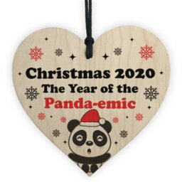 Red Ocean Funny Christmas Tree Decoration Wood Heart Bauble Quarantine Lockdown Gift - thumbnail 1