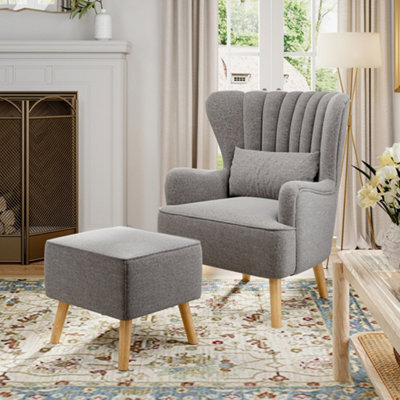 Living And Home Grey Wing Back Occasional Armchair With Footstool Set,linen Upholstered Sofa Chair Accent Chair With Cushion - image 1