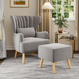 Living And Home Grey Wing Back Occasional Armchair With Footstool Set,linen Upholstered Sofa Chair Accent Chair With Cushion - thumbnail 2