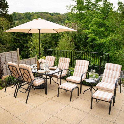 Primrose 6 Seater Metal Garden Furniture Outdoor Reclining Chairs And Table Set With Crank Parasol In Beige - image 1
