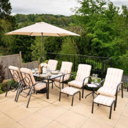 Primrose 6 Seater Metal Garden Furniture Outdoor Reclining Chairs And Table Set With Crank Parasol In Beige - thumbnail 2