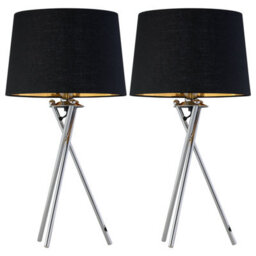 First Choice Lighting Set Of 2 Tripod - Chrome Lamps With Black & Gold Fabric Shade