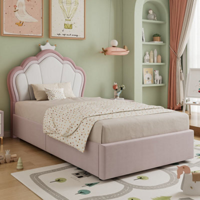 Merax 3Ft Single Bed 90X190 Cm, Velvet Upholstered Hydraulic Storage Bed With Crown Headboard, Pink - image 1