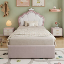 Merax 3Ft Single Bed 90X190 Cm, Velvet Upholstered Hydraulic Storage Bed With Crown Headboard, Pink - thumbnail 2