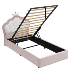 Merax 3Ft Single Bed 90X190 Cm, Velvet Upholstered Hydraulic Storage Bed With Crown Headboard, Pink - thumbnail 7