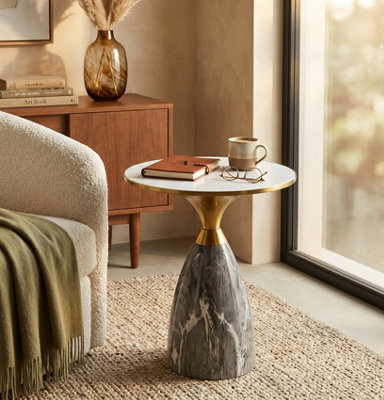 Aspect Furniture Modern Tillie Pillar Side Table In Black & Gold With Sintered Stone Top,snow White/black - image 1