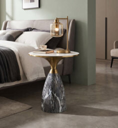 Aspect Furniture Modern Tillie Pillar Side Table In Black & Gold With Sintered Stone Top,snow White/black - thumbnail 3