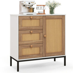 Costway Rattan Buffet Cabinet Storage Sideboard Bar Accent Cabinet 1 Door And 3 Drawers