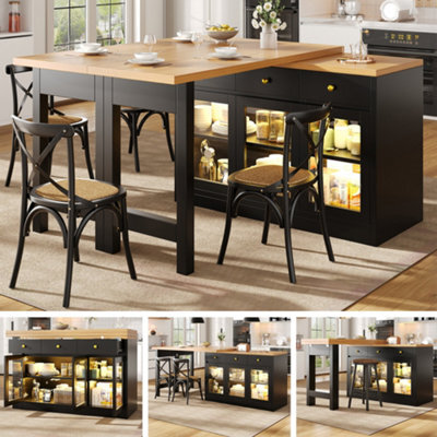 Btm Extendable Kitchen Island With Led Lights, Adjustable Dining Table With Storage, 3 Drawers & Glass Cabinets - image 1