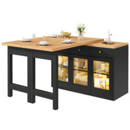 Btm Extendable Kitchen Island With Led Lights, Adjustable Dining Table With Storage, 3 Drawers & Glass Cabinets - thumbnail 9