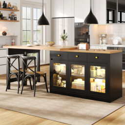 Btm Extendable Kitchen Island With Led Lights, Adjustable Dining Table With Storage, 3 Drawers & Glass Cabinets - thumbnail 5