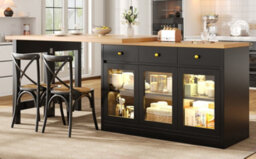 Btm Extendable Kitchen Island With Led Lights, Adjustable Dining Table With Storage, 3 Drawers & Glass Cabinets - thumbnail 6