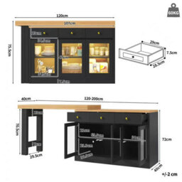 Btm Extendable Kitchen Island With Led Lights, Adjustable Dining Table With Storage, 3 Drawers & Glass Cabinets - thumbnail 7