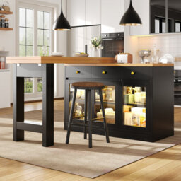 Btm Extendable Kitchen Island With Led Lights, Adjustable Dining Table With Storage, 3 Drawers & Glass Cabinets - thumbnail 3
