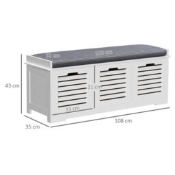 White 3-Door Slatted Shoe Storage Bench With Cushioned Seat - thumbnail 2