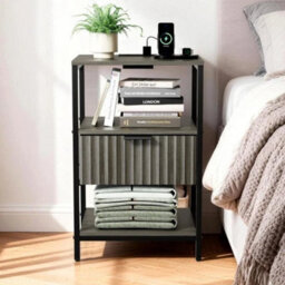 Bedside Table 1 Drawers Cabinet Charging Station Nightstand Storage Modern Grey - thumbnail 6