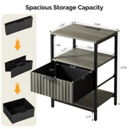 Bedside Table 1 Drawers Cabinet Charging Station Nightstand Storage Modern Grey - thumbnail 2