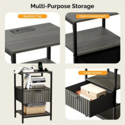 Bedside Table 1 Drawers Cabinet Charging Station Nightstand Storage Modern Grey - thumbnail 3