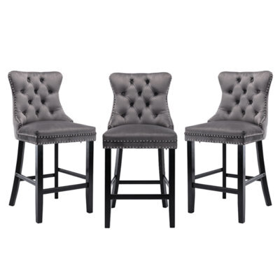 HomeTouch Grey Velvet Breakfast Bar Stool With Backs & Wooden Legs Set Of 3 - image 1