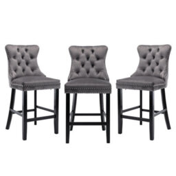 HomeTouch Grey Velvet Breakfast Bar Stool With Backs & Wooden Legs Set Of 3 - thumbnail 1