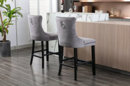 HomeTouch Grey Velvet Breakfast Bar Stool With Backs & Wooden Legs Set Of 3 - thumbnail 7