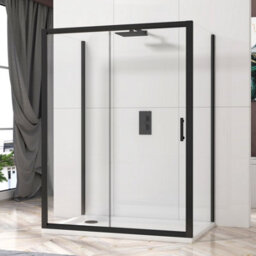 Royal Bathrooms Milan 1200 X 700mm Matt Black 3-Sided Sliding Door Shower Enclosure Rectangular With Side Panels 6mm Glass Screen - thumbnail 1