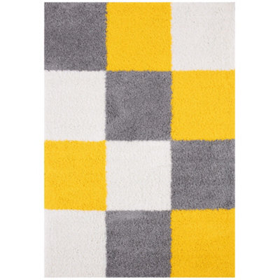 The Rugs Yellow Grey And Ivory Soft Checkerboard Design Fluffy Shaggy Rugs And Runners High Pile Living Room Kitchen Hallway 381 - image 1