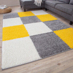 The Rugs Yellow Grey And Ivory Soft Checkerboard Design Fluffy Shaggy Rugs And Runners High Pile Living Room Kitchen Hallway 381 - thumbnail 2