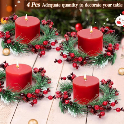 Amorly 4Pcs Christmas Candle Rings, Mini Wreath Garland For 3Inch Pillar Candles, Artificial Pine Needle With Red Berries For Xmas - image 1