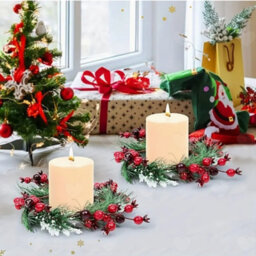 Amorly 4Pcs Christmas Candle Rings, Mini Wreath Garland For 3Inch Pillar Candles, Artificial Pine Needle With Red Berries For Xmas - thumbnail 3