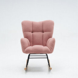 Abrihome Mid Century Modern Pink Teddy Fabric Rocking Chair - Tufted Upholstered Seat For Living Room & Bedroom - thumbnail 2