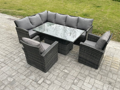 Fimous Wicker Pe Outdoor Rattan Garden Furniture Set Height Adjustable Rising Lifting Table Sofa Dining Set With 2 Armchairs - image 1