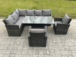 Fimous Wicker Pe Outdoor Rattan Garden Furniture Set Height Adjustable Rising Lifting Table Sofa Dining Set With 2 Armchairs - thumbnail 2