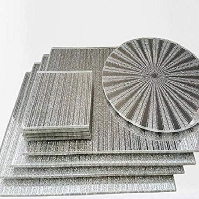 Biznest (Set Of 9) Silver Sparkle Glitter Mirrored Glass 4 X Sparkle Mirrored Coaster 4 X Placemats 1 X Centre Plate
