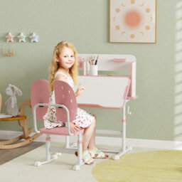 Aiyaplay Kids Desk And Chair Set W/ Tiltable Desktop, Reading Rack, Pink