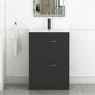 Royal Bathrooms Turin 600mm Floor Standing Vanity Unit Matt Black 2 Drawer Minimalist Basin With Matt Black Handles - image 1